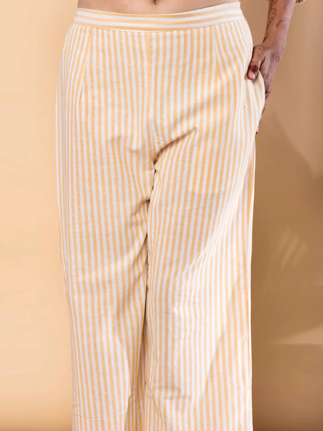 Ivory & Beige Striped Cotton Flex Tunic with Palazzo Set