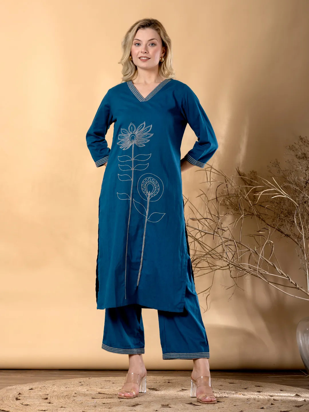 Teal Blue Cotton Kurta with Palazzo Set