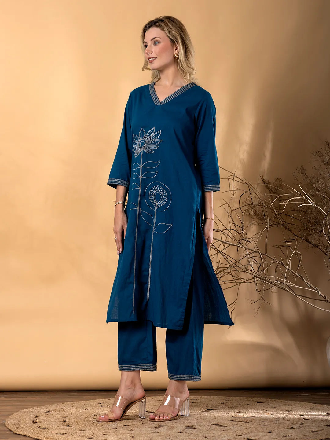 Teal Blue Cotton Kurta with Palazzo Set