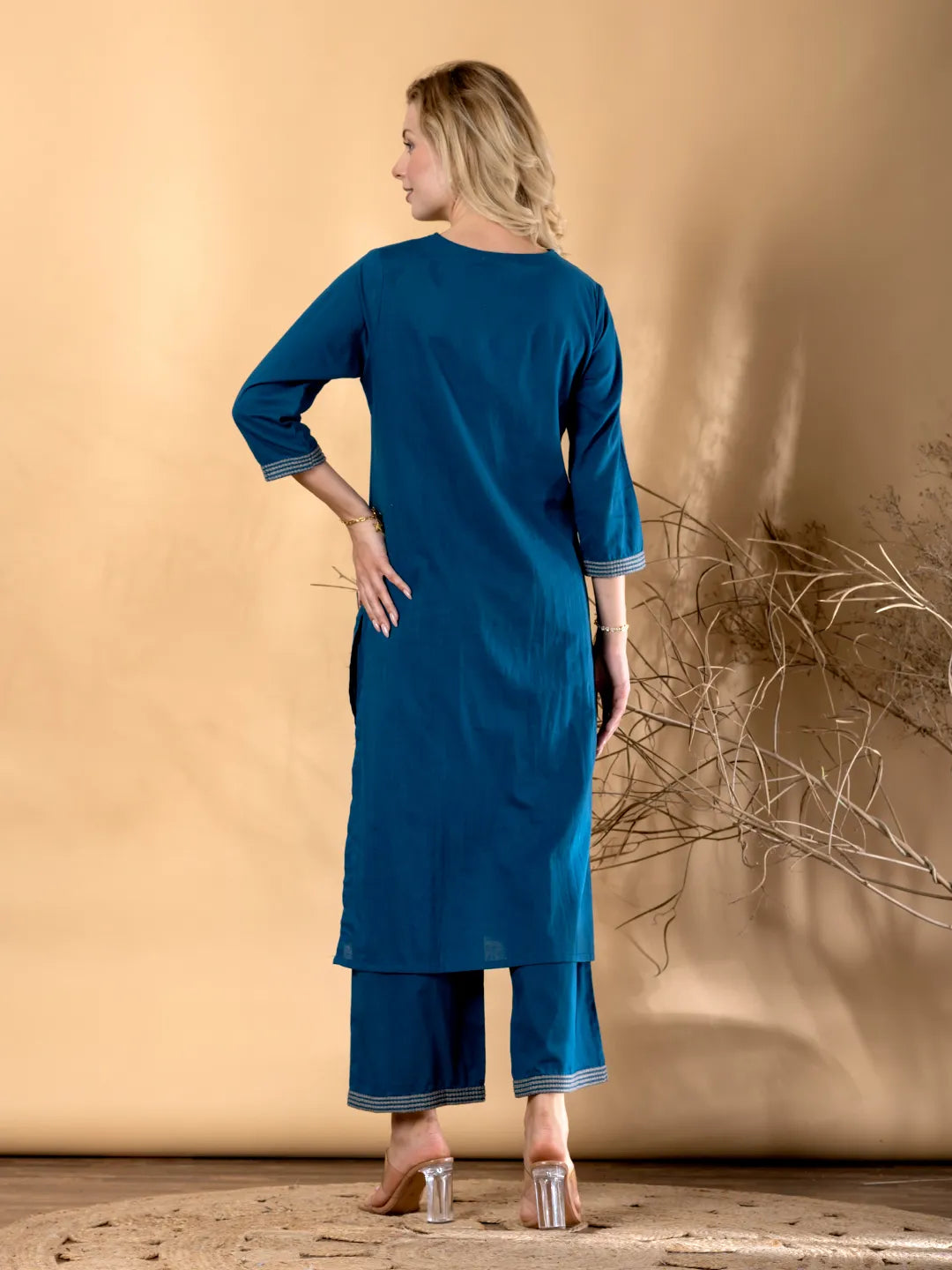 Teal Blue Cotton Kurta with Palazzo Set