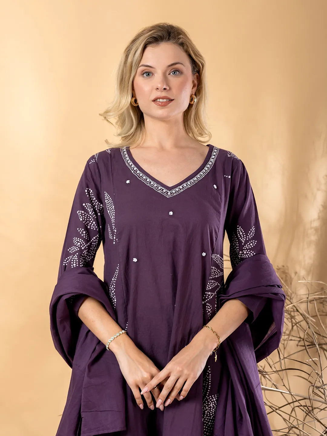 Purple Cotton Anarkali Kurta with Palazzo & Dupatta Set– Printed & Cut Dana Work