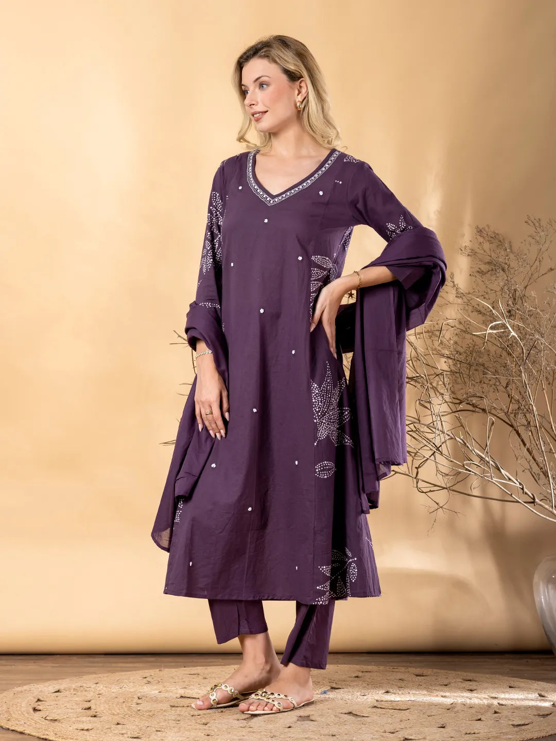 Purple Cotton Anarkali Kurta with Palazzo & Dupatta Set– Printed & Cut Dana Work