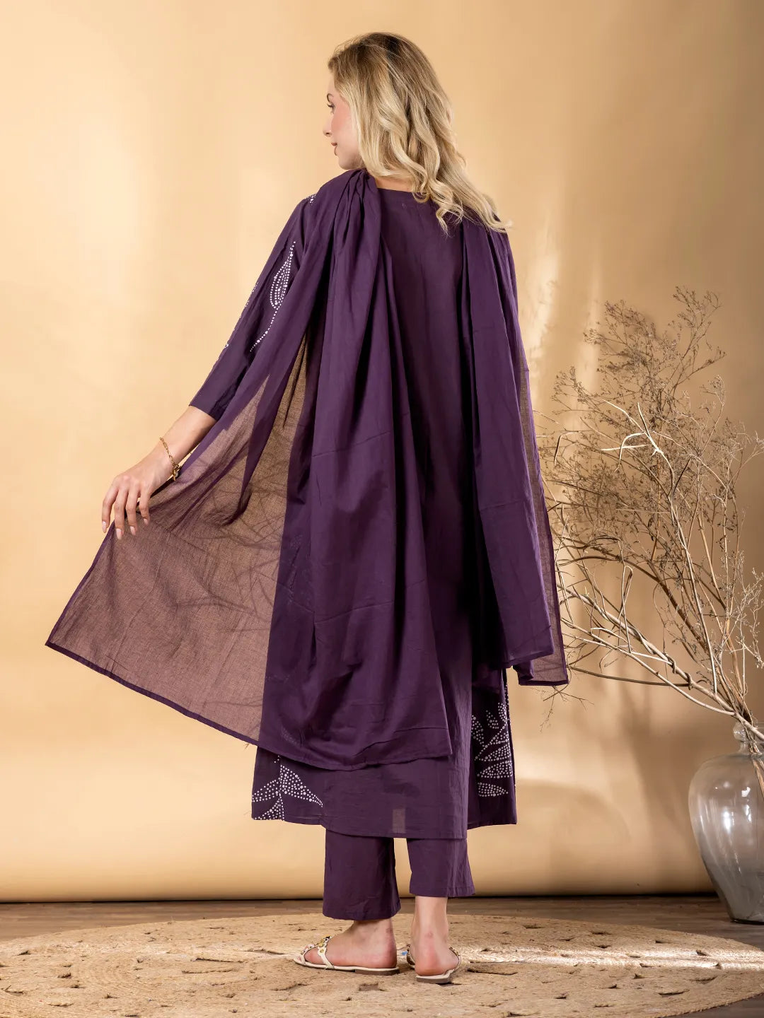 Purple Cotton Anarkali Kurta with Palazzo & Dupatta Set– Printed & Cut Dana Work