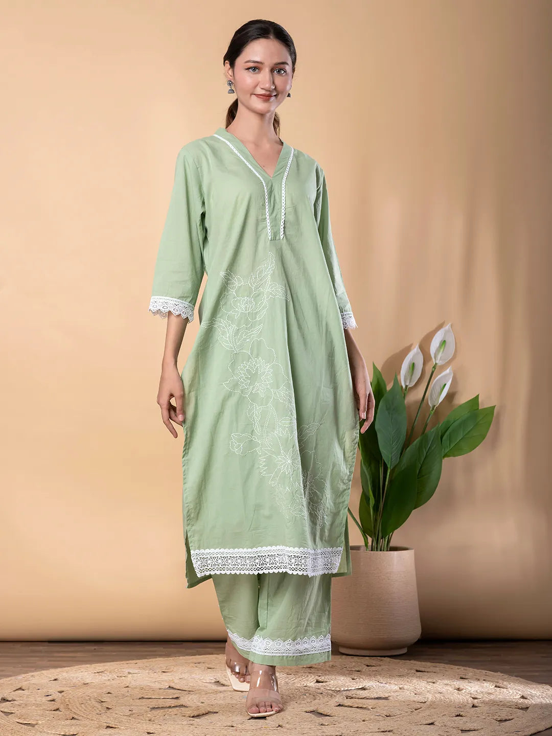 Pastel Green Cotton Embroidered Kurta with Palazzo Set – Resham Work & Lace Detailing