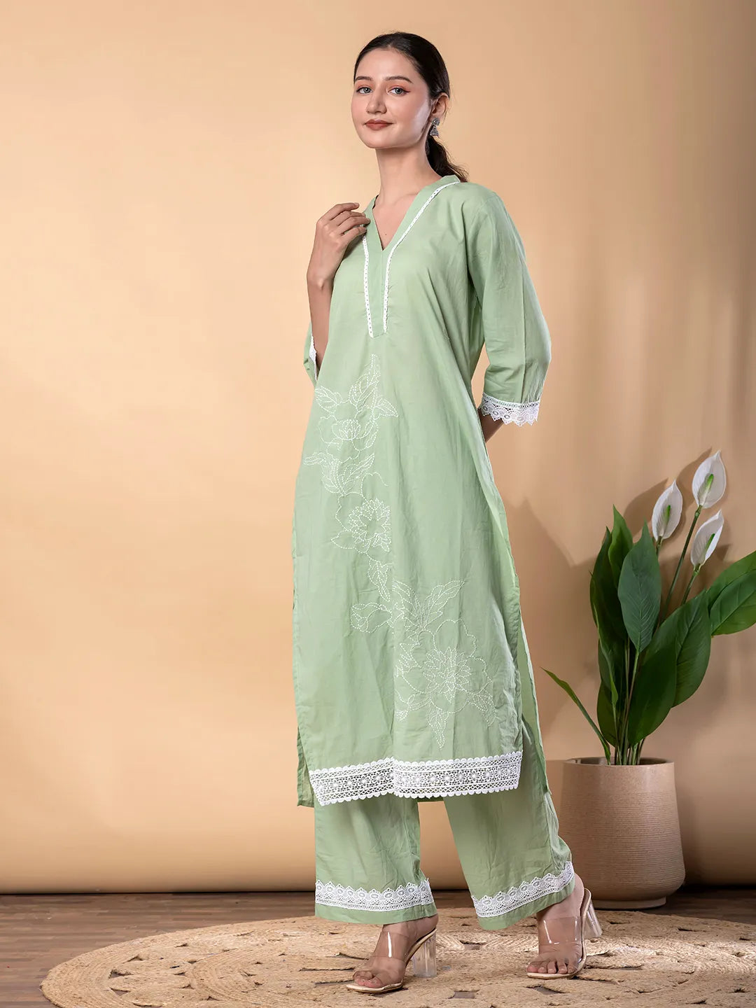 Pastel Green Cotton Embroidered Kurta with Palazzo Set – Resham Work & Lace Detailing