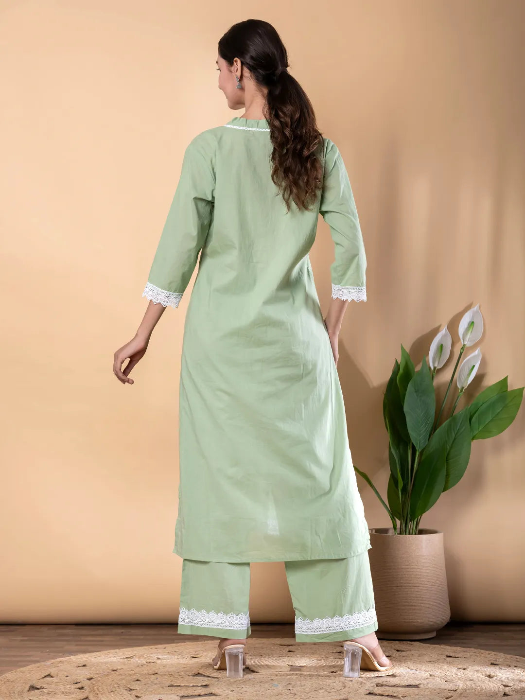 Pastel Green Cotton Embroidered Kurta with Palazzo Set – Resham Work & Lace Detailing