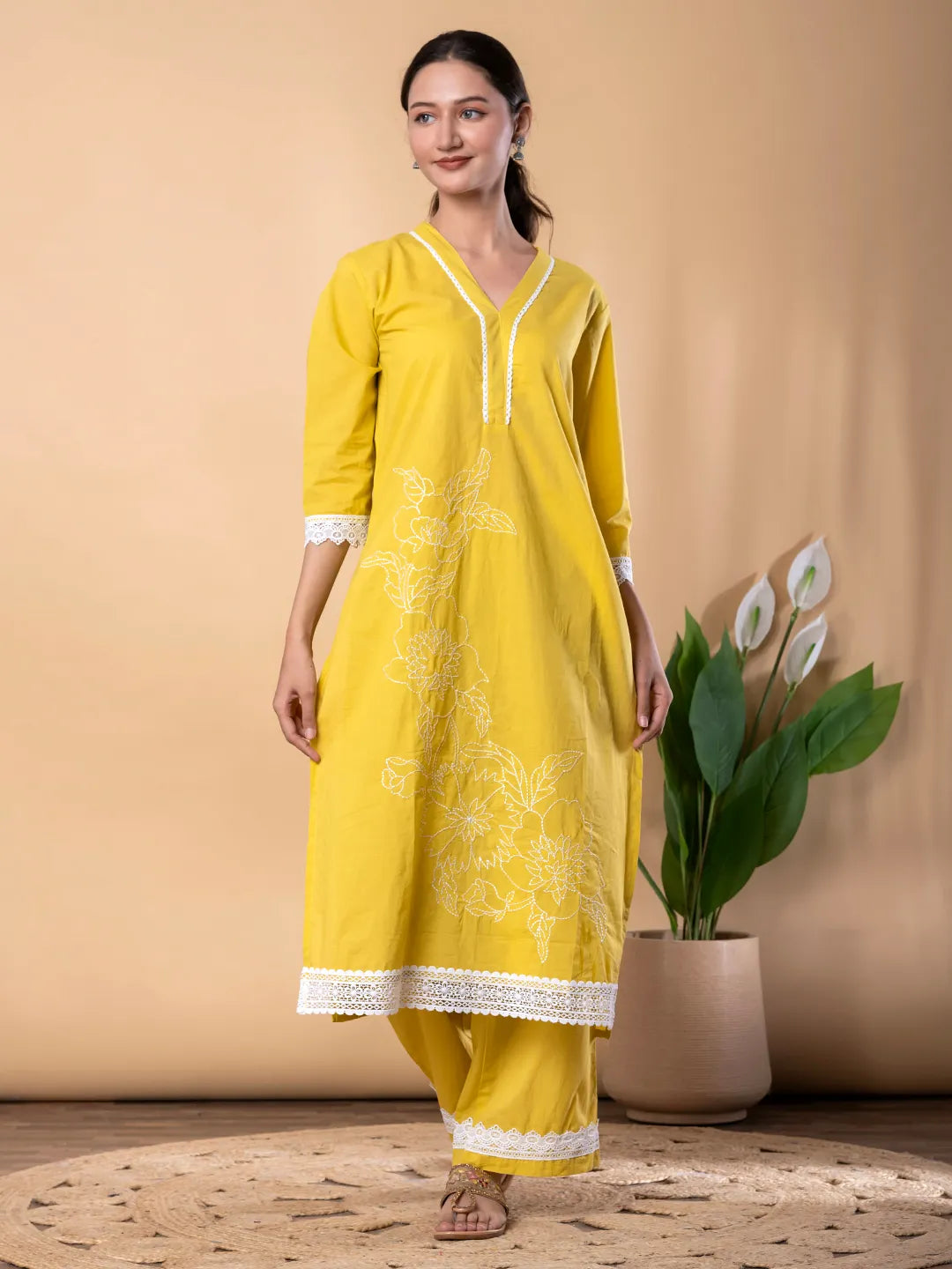 Yellow Cotton Embroidered Kurta with Palazzo Set – Resham Work & Lace Detailing