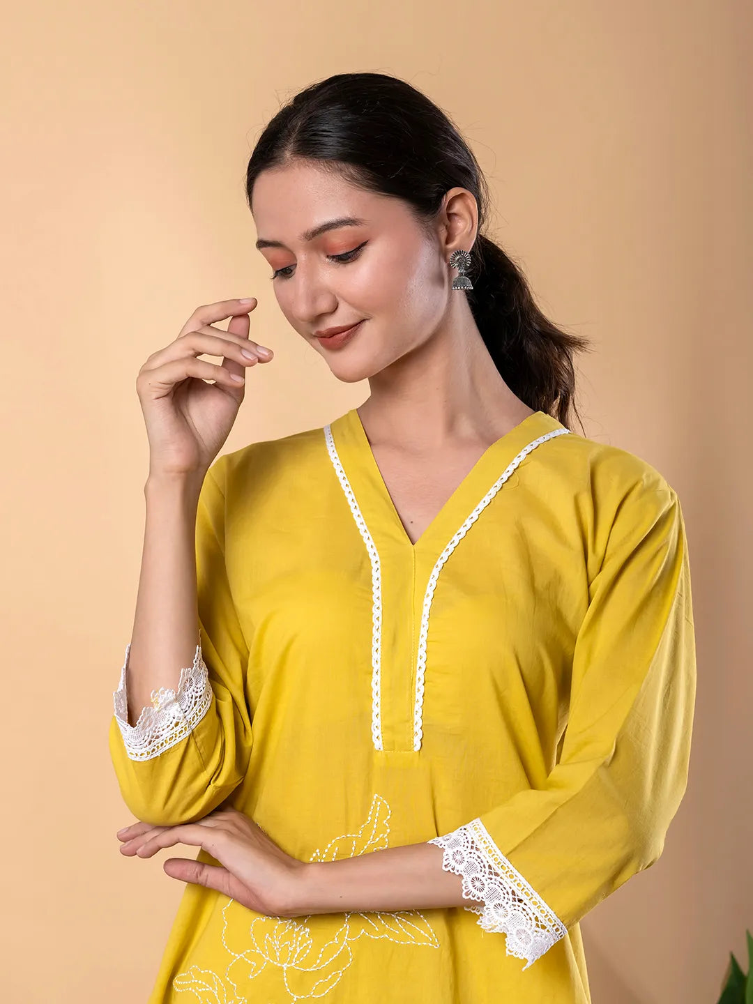 Yellow Cotton Embroidered Kurta with Palazzo Set – Resham Work & Lace Detailing