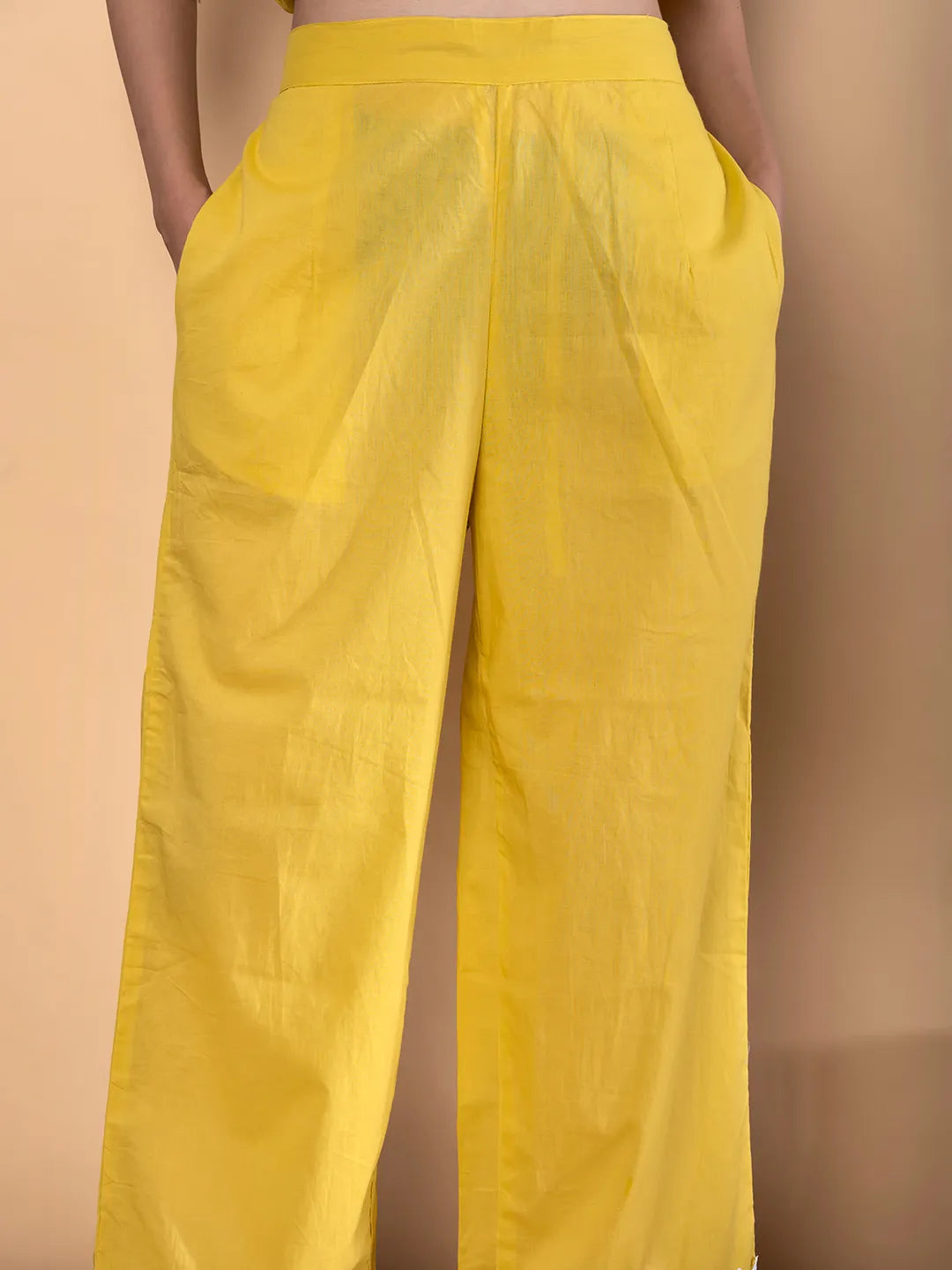Yellow Cotton Embroidered Kurta with Palazzo Set – Resham Work & Lace Detailing