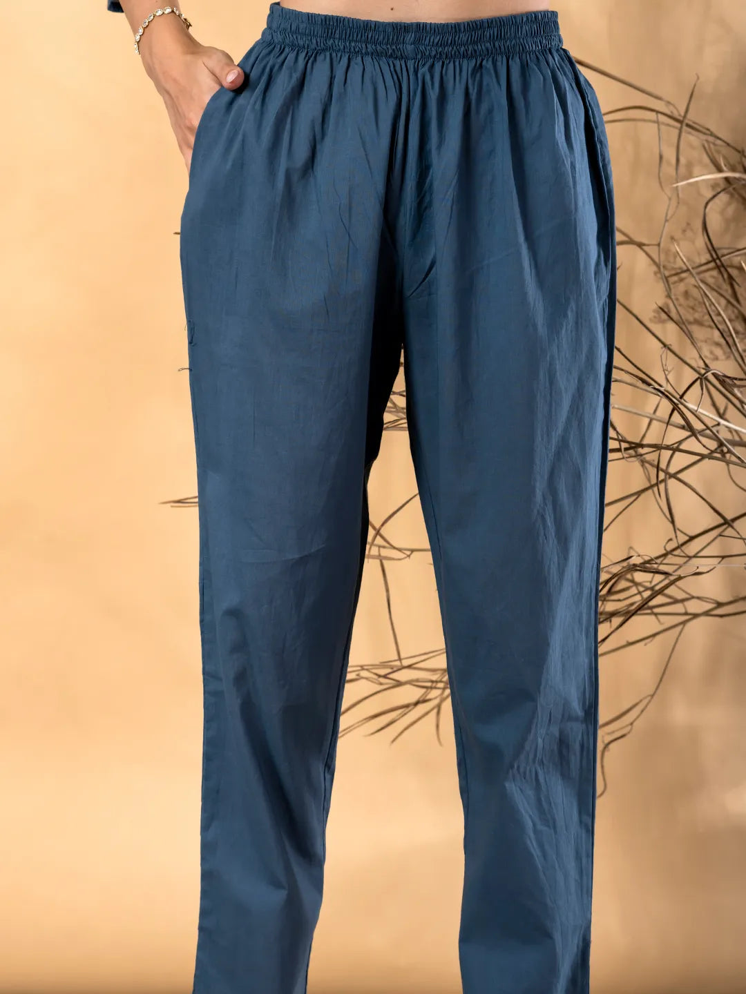 Blue Cotton A-Line Embroidered Kurta with Palazzo & Dupatta Set