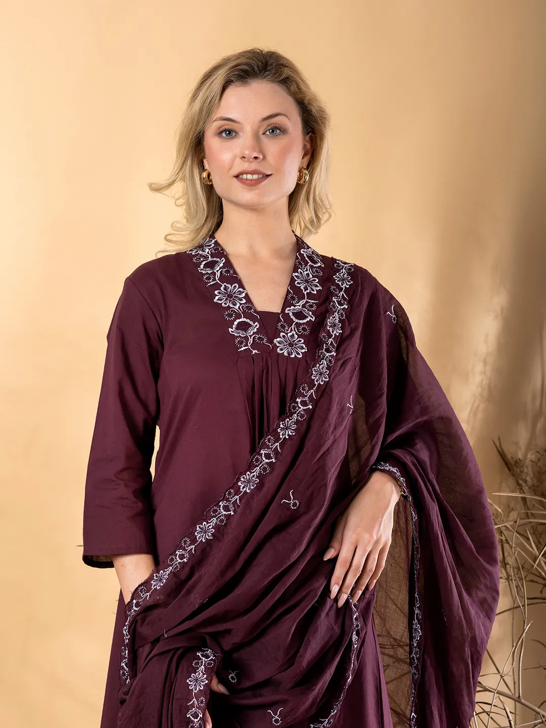 Maroon Cotton Embroidered A-Line Kurta Set with Dupatta – Qrate