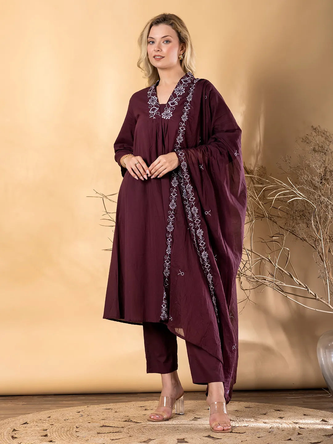Maroon Cotton Embroidered A-Line Kurta Set with Dupatta – Qrate