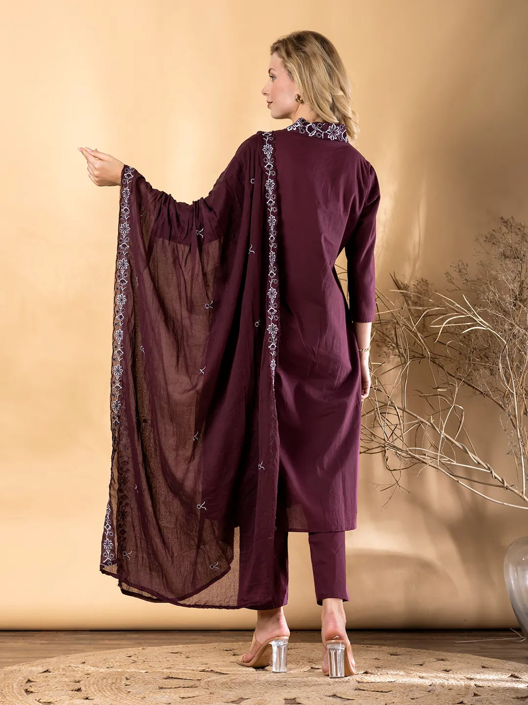 Maroon Cotton Embroidered A-Line Kurta Set with Dupatta – Qrate