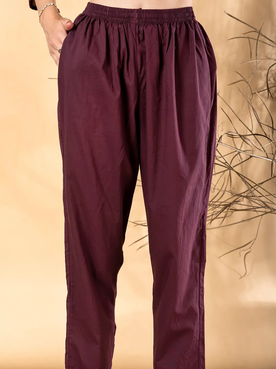 Maroon Cotton Embroidered A-Line Kurta Set with Dupatta – Qrate