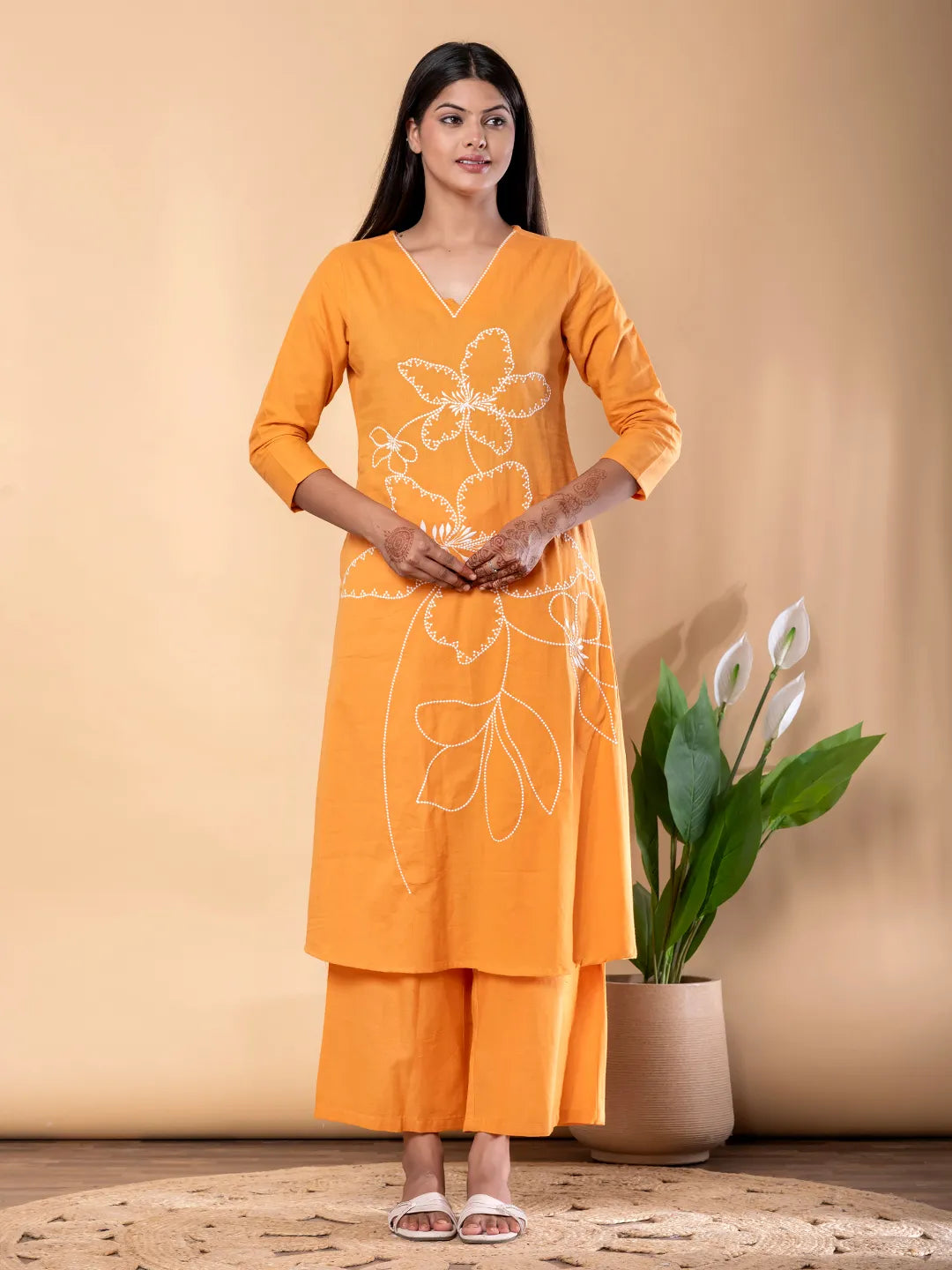 Orange Cotton Embroidered Anarkali Kurta Set with Palazzos
