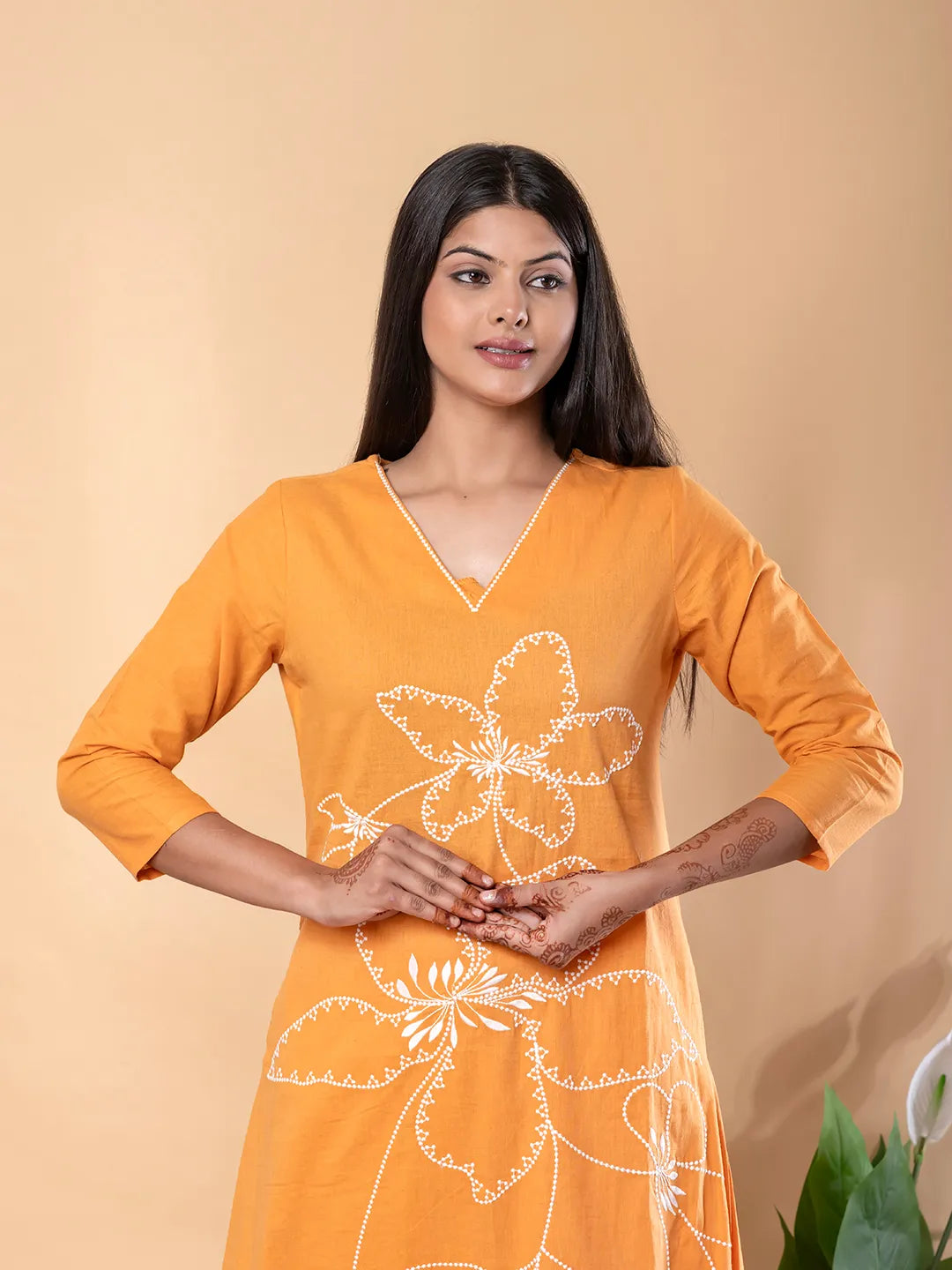 Orange Cotton Embroidered Anarkali Kurta Set with Palazzos