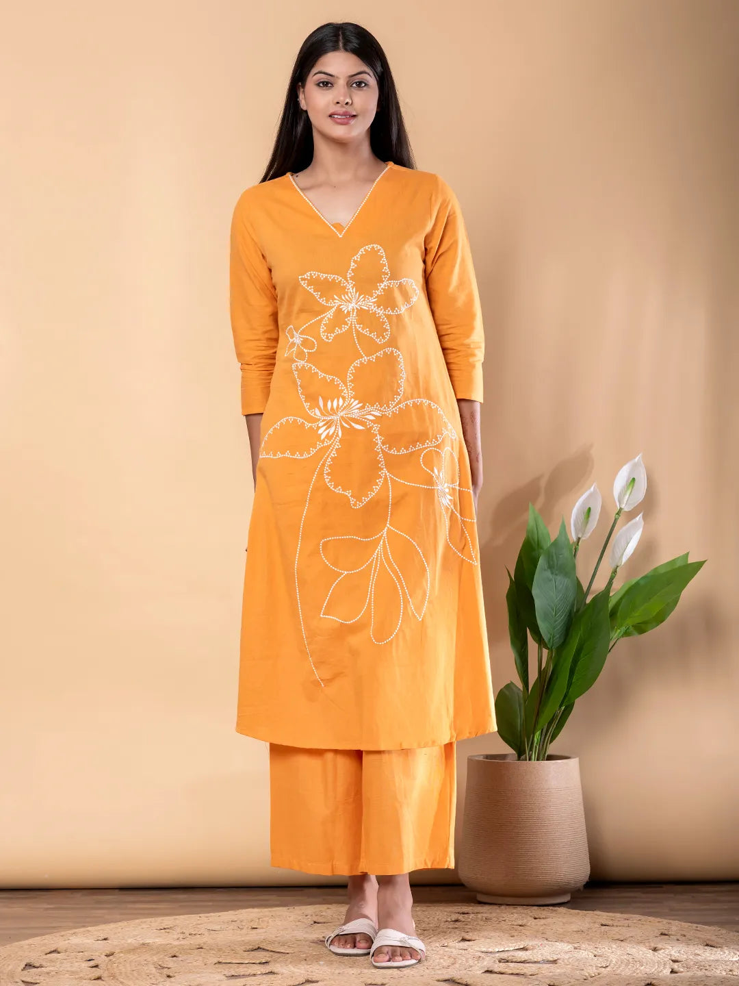 Orange Cotton Embroidered Anarkali Kurta Set with Palazzos