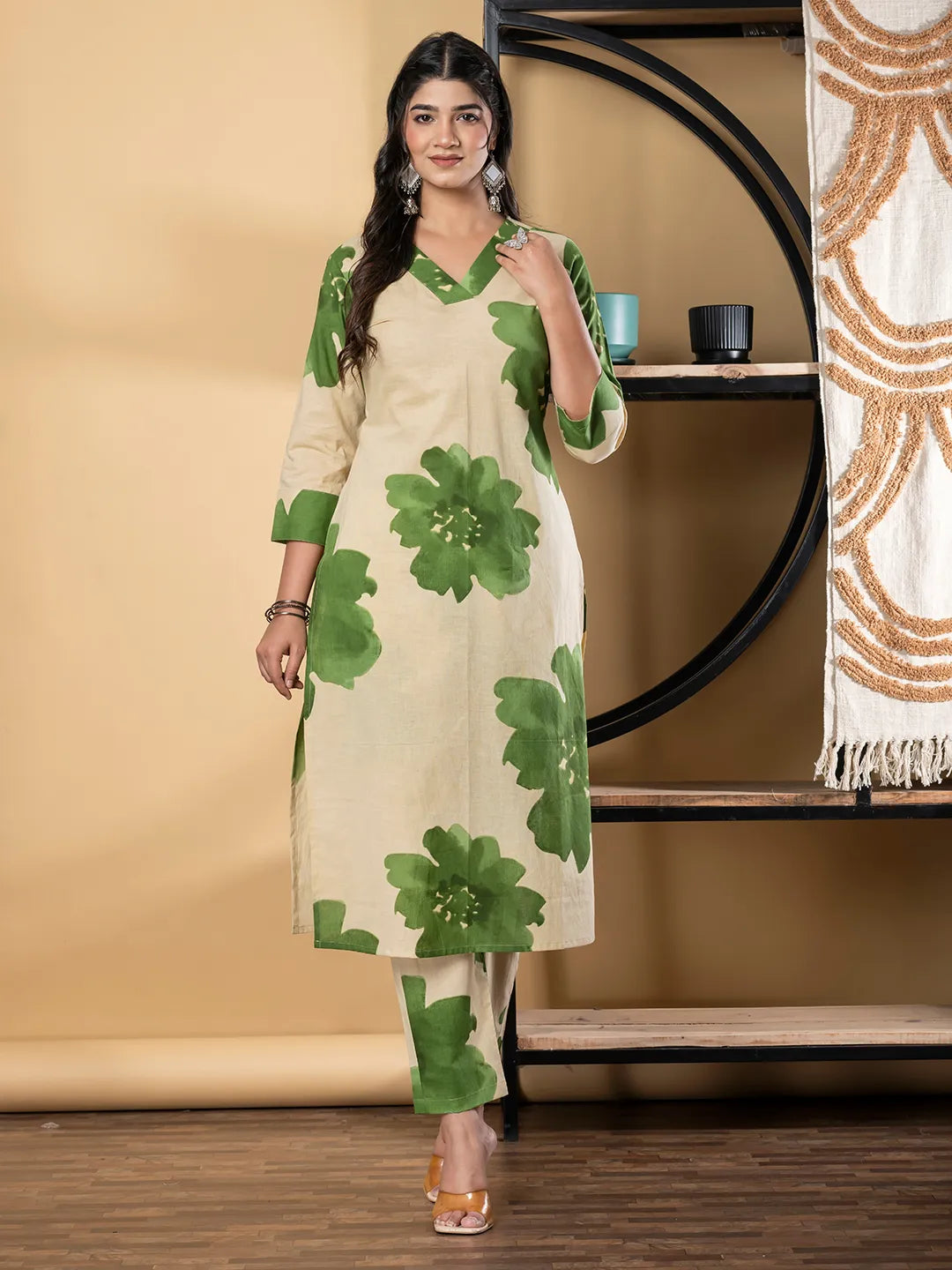 Beige & Green Floral Cotton Kurta with Palazzo Set