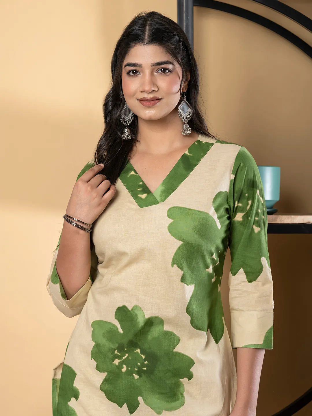 Beige & Green Floral Cotton Kurta with Palazzo Set