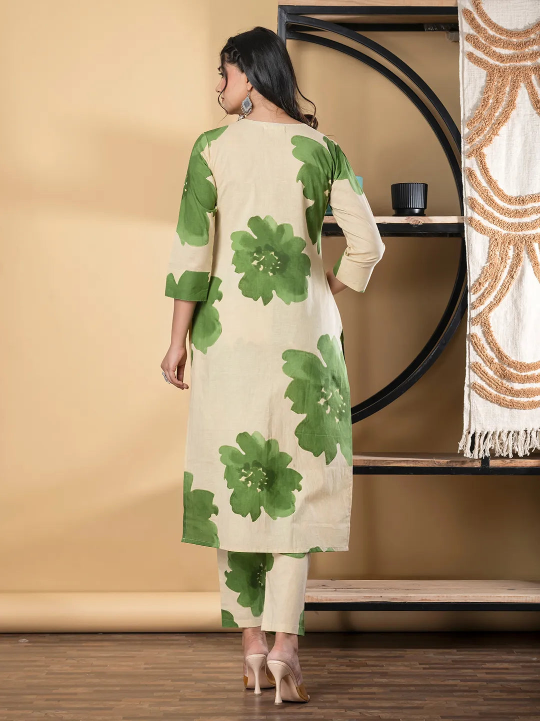 Beige & Green Floral Cotton Kurta with Palazzo Set