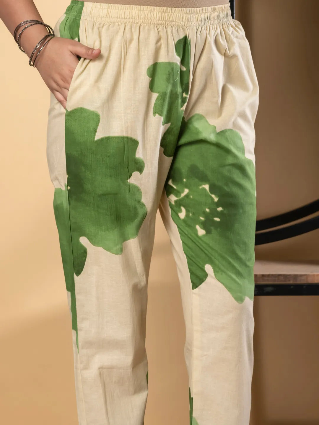 Beige & Green Floral Cotton Kurta with Palazzo Set