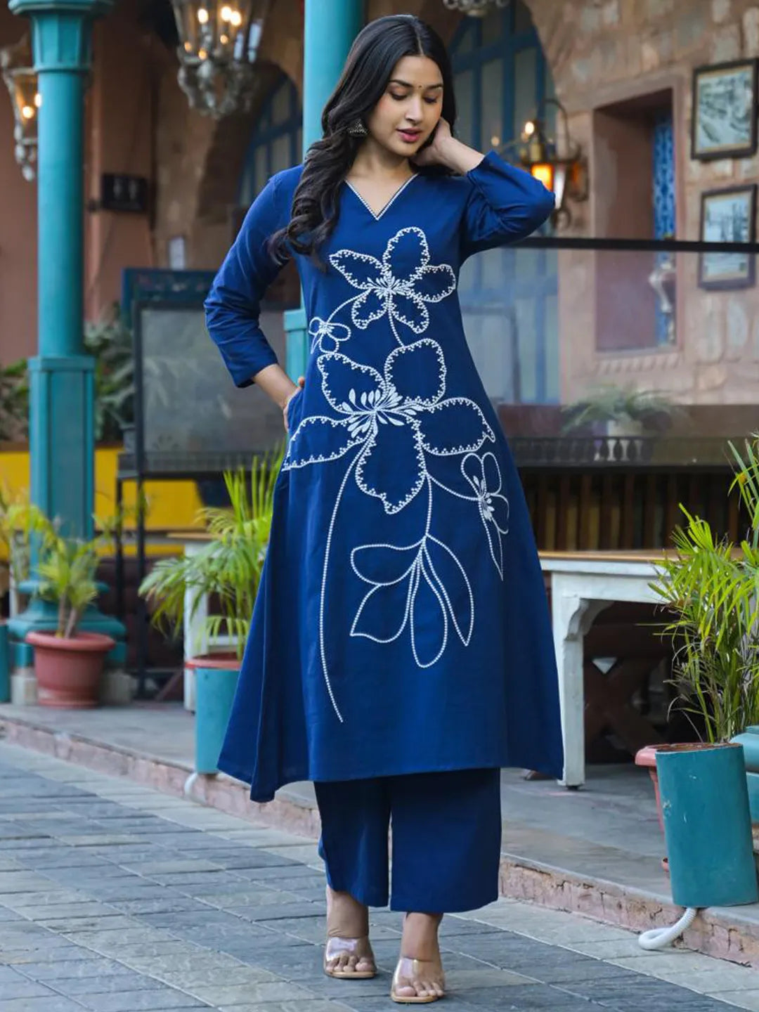 Navy Blue Cotton Kurta Set with Palazzo – Embroidered Floral Festive Wear