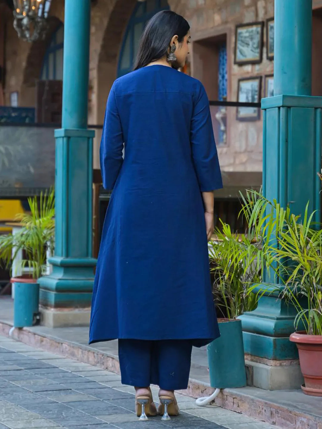 Navy Blue Cotton Kurta Set with Palazzo – Embroidered Floral Festive Wear