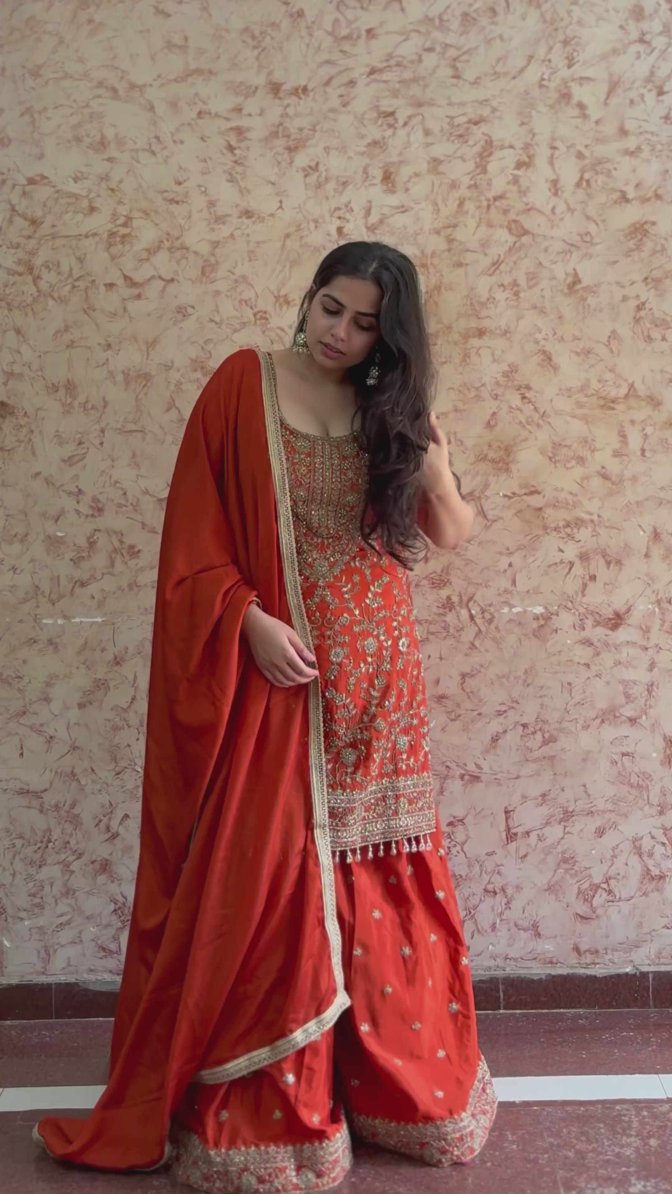Gulnar Gharara Set – Burnt Orange Zari Embroidered Gharara with Sequins & Pearl Fringe