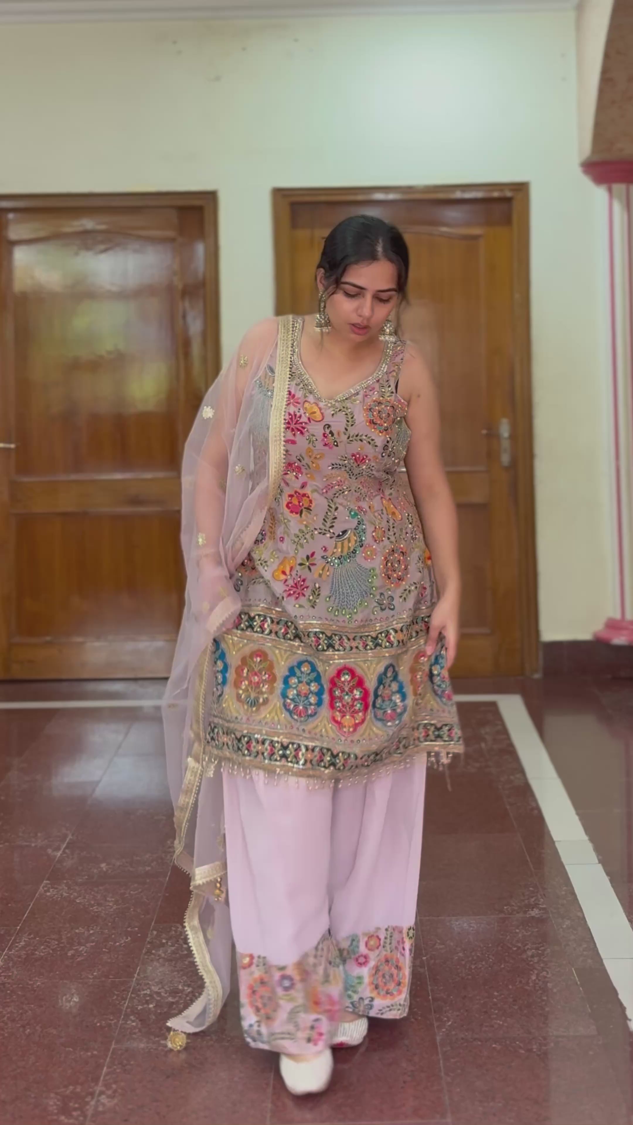 Noorani Farshi Salwar Set – Dusty Lilac Kurta with Resham, Zari & Mirror Work - Qrate