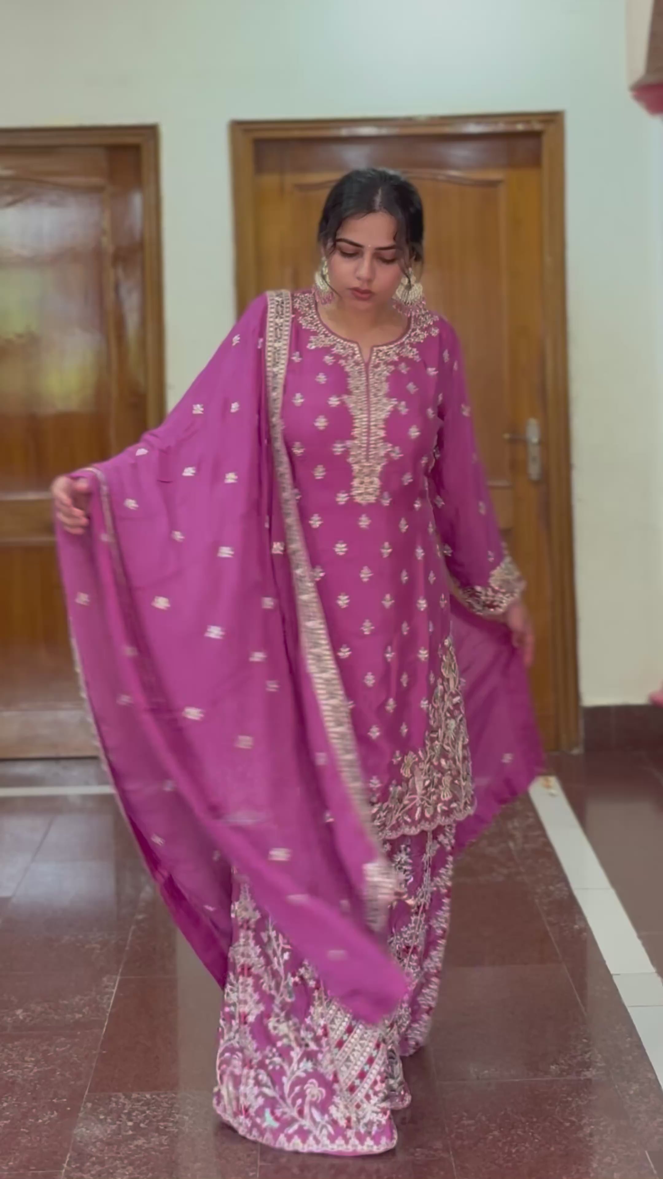 Zareen Sharara Set – Magenta Sharara with Zari-Sequin Butis & Ornate Borders