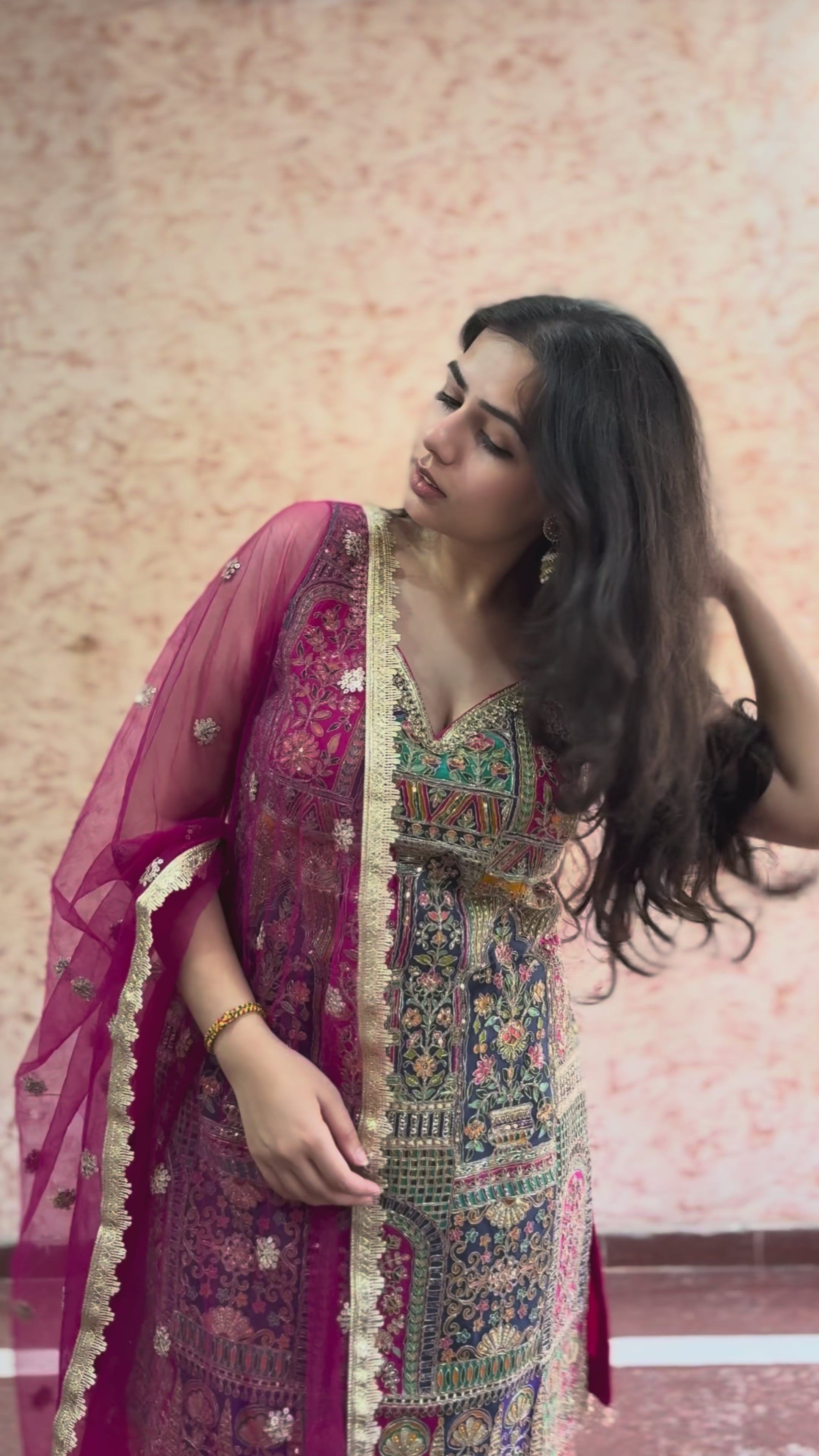 Shabnami Farshi Salwar Set – Fuchsia Georgette with Aari & Zardozi Embroidery