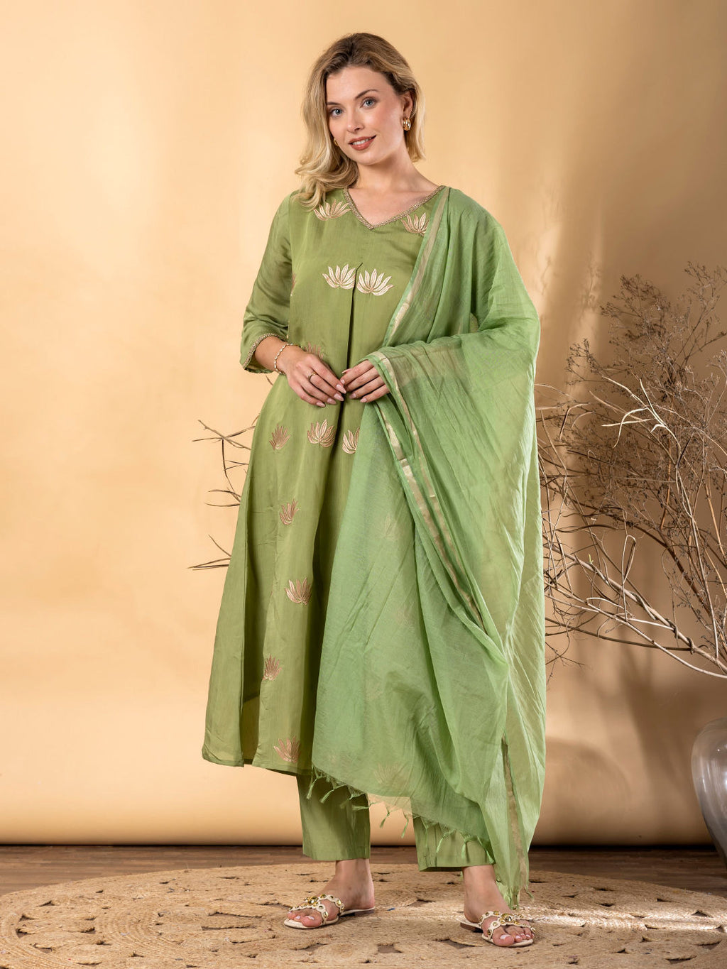 Pistachio Lotus Anarkali Set – Chanderi Silk with Palazzo & Dupatta