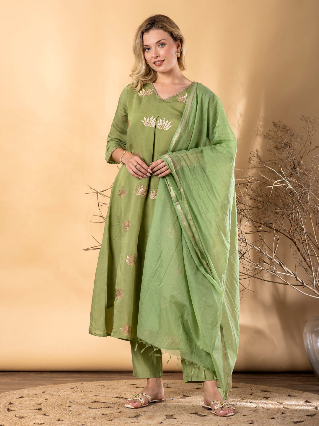 Pistachio Lotus Anarkali Set – Chanderi Silk with Palazzo & Dupatta