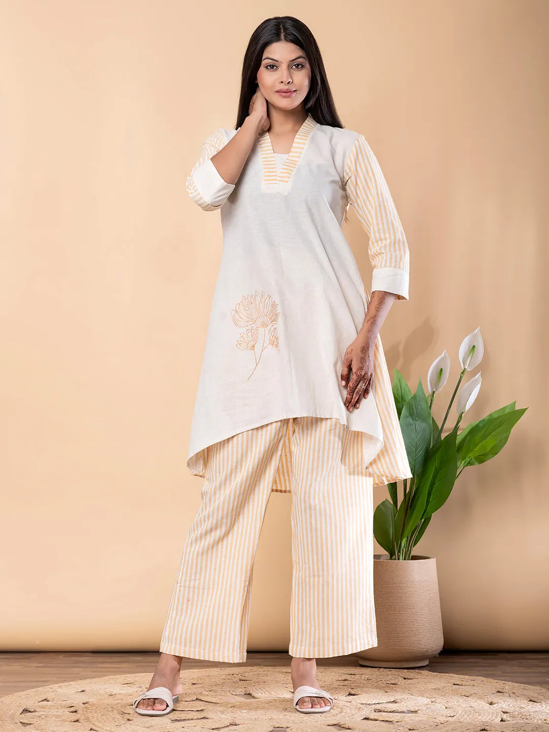 Ivory & Beige Striped Cotton Flex Tunic with Palazzo Set