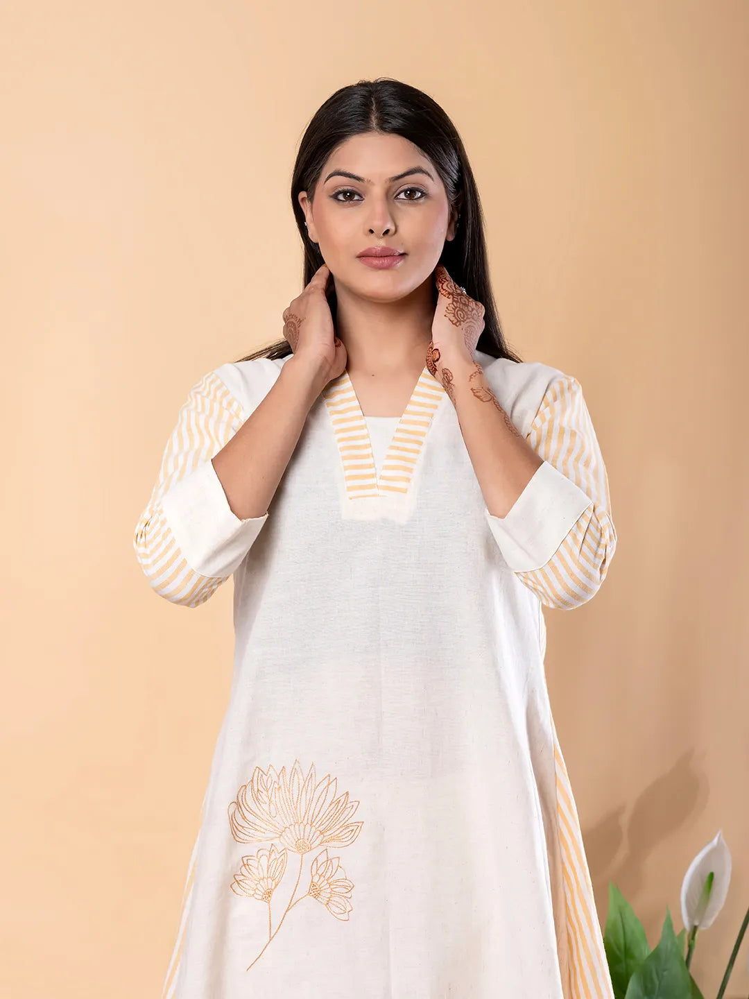 Ivory & Beige Striped Cotton Flex Tunic with Palazzo Set