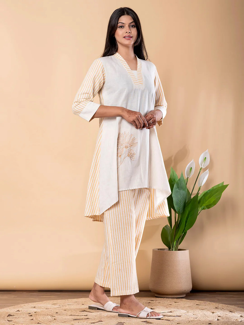 Ivory & Beige Striped Cotton Flex Tunic with Palazzo Set