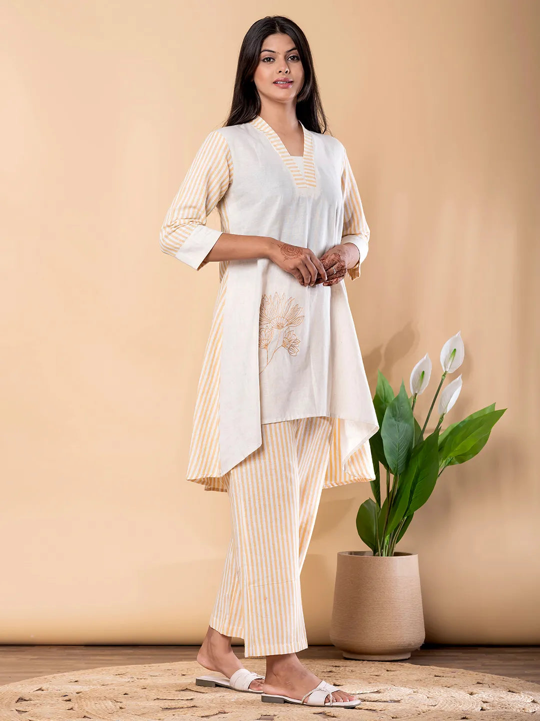 Ivory & Beige Striped Cotton Flex Tunic with Palazzo Set