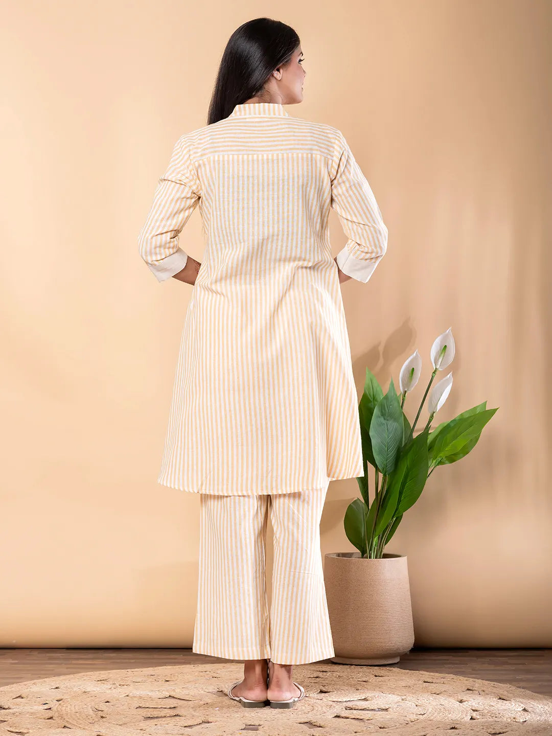 Ivory & Beige Striped Cotton Flex Tunic with Palazzo Set