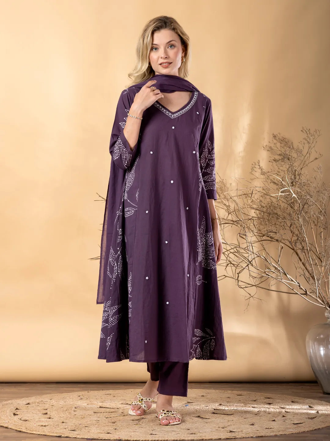 Purple Cotton Anarkali Kurta with Palazzo & Dupatta Set– Printed & Cut Dana Work