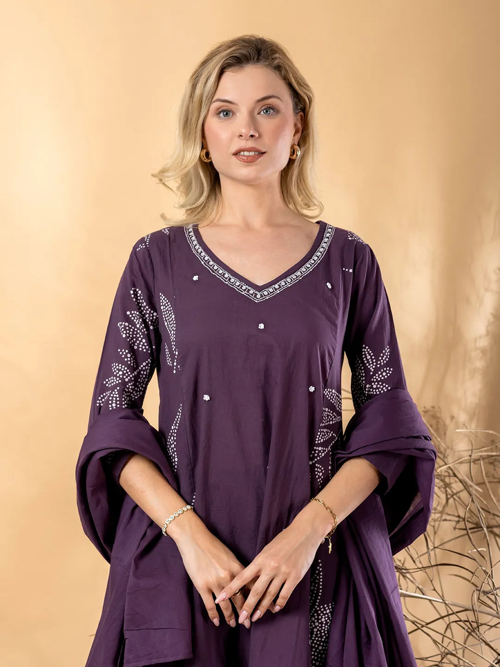 Purple Cotton Anarkali Kurta with Palazzo & Dupatta Set– Printed & Cut Dana Work