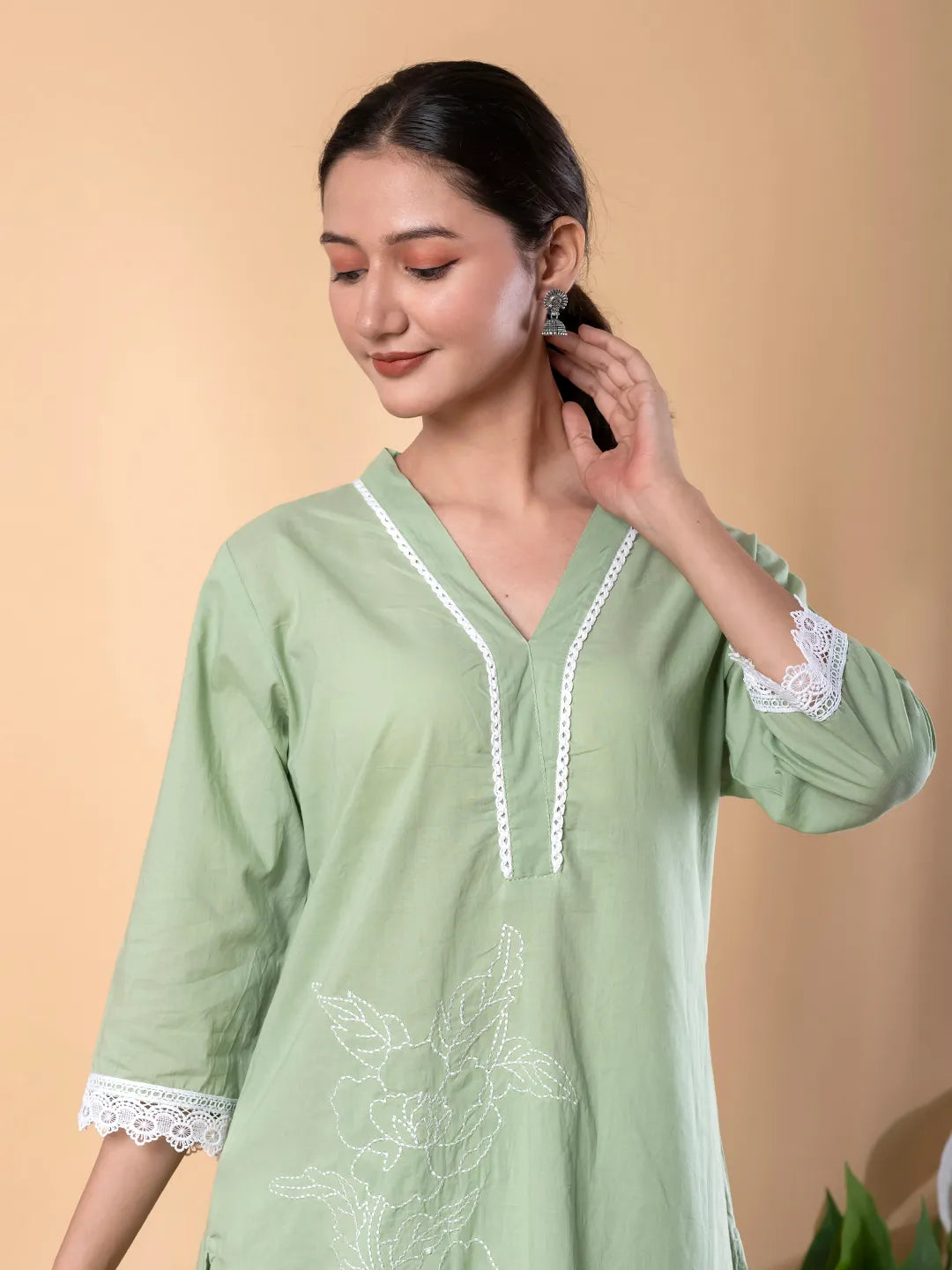 Pastel Green Cotton Embroidered Kurta with Palazzo Set – Resham Work & Lace Detailing
