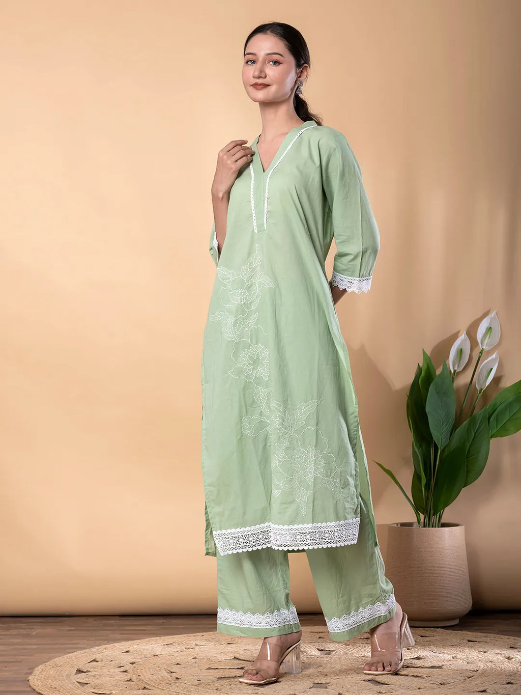 Pastel Green Cotton Embroidered Kurta with Palazzo Set – Resham Work & Lace Detailing