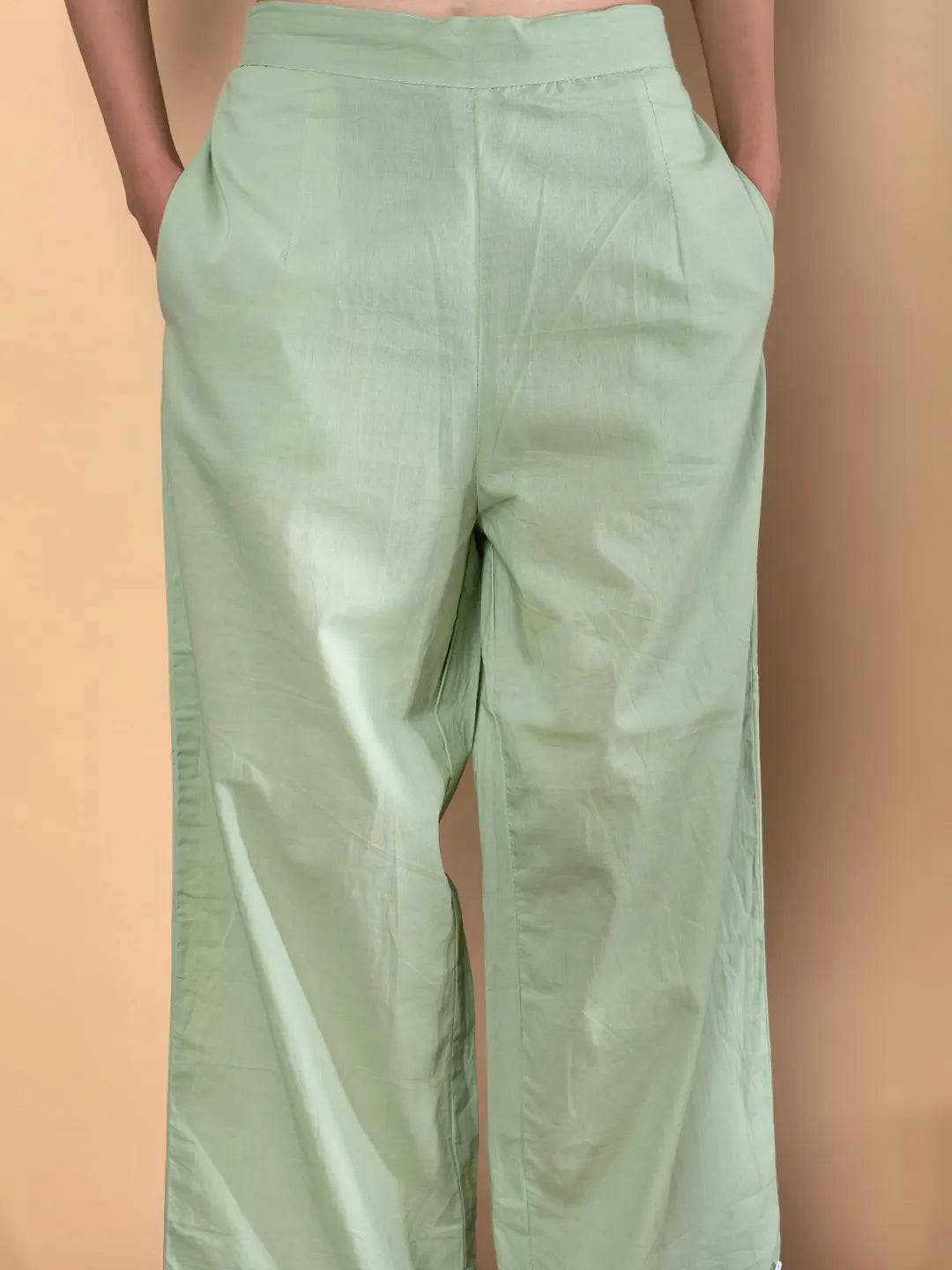 Pastel Green Cotton Embroidered Kurta with Palazzo Set – Resham Work & Lace Detailing