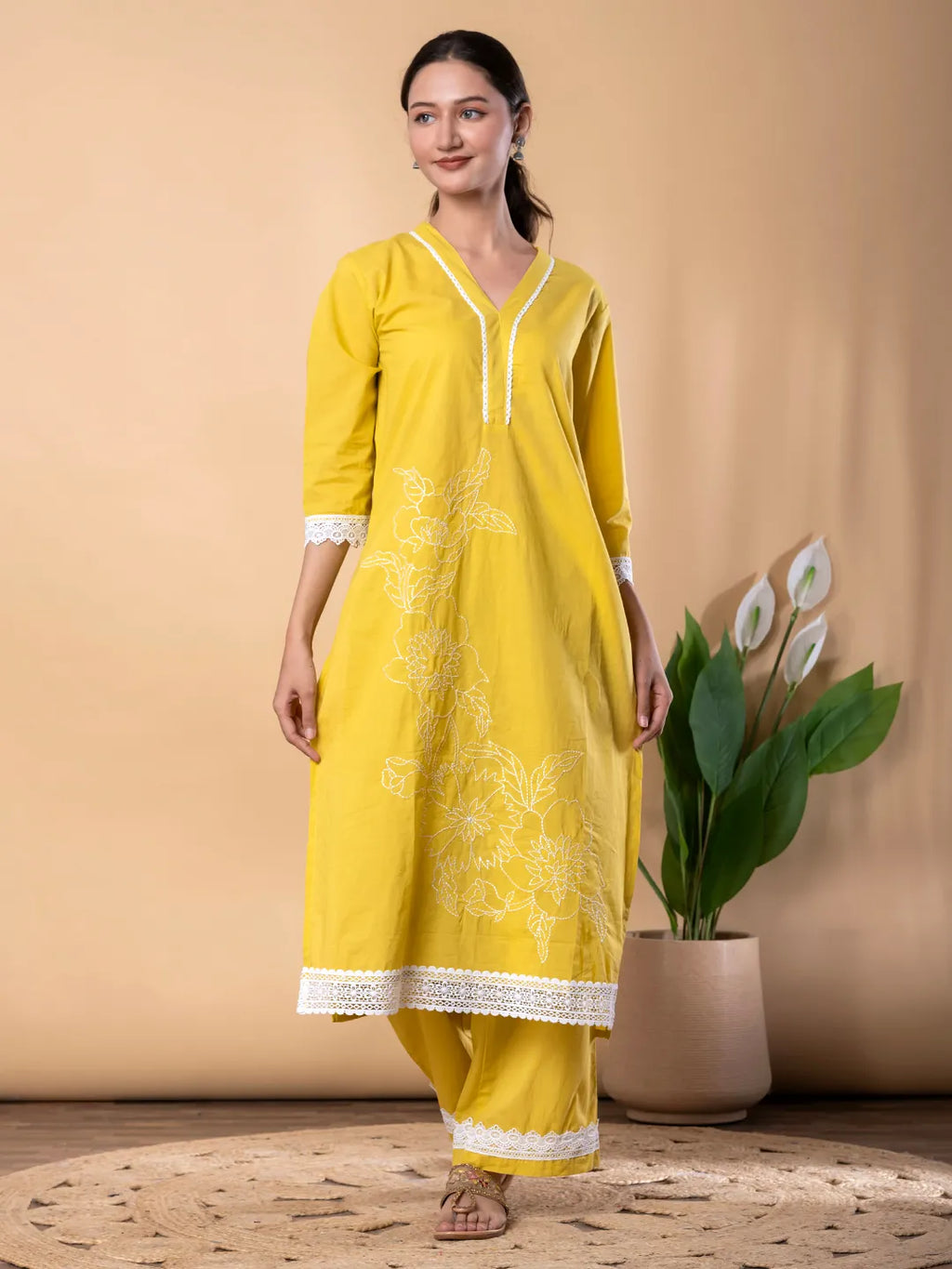 Yellow Cotton Embroidered Kurta with Palazzo Set – Resham Work & Lace Detailing