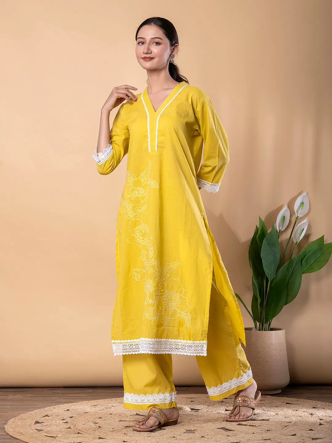Yellow Cotton Embroidered Kurta with Palazzo Set – Resham Work & Lace Detailing