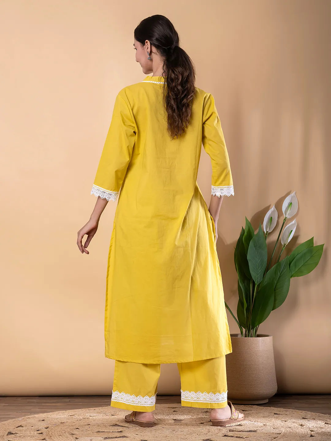 Yellow Cotton Embroidered Kurta with Palazzo Set – Resham Work & Lace Detailing