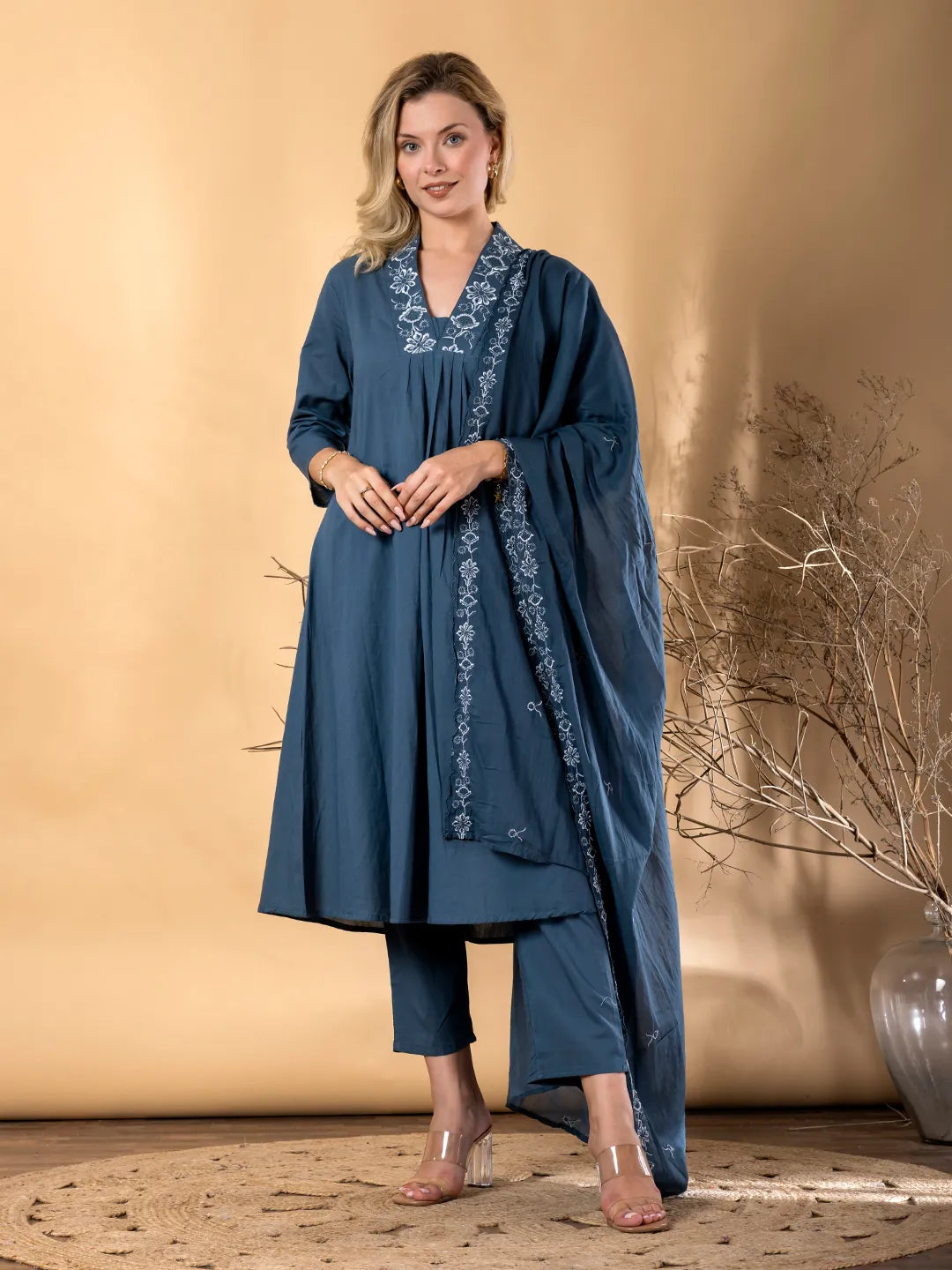 Blue Cotton A-Line Embroidered Kurta with Palazzo & Dupatta Set