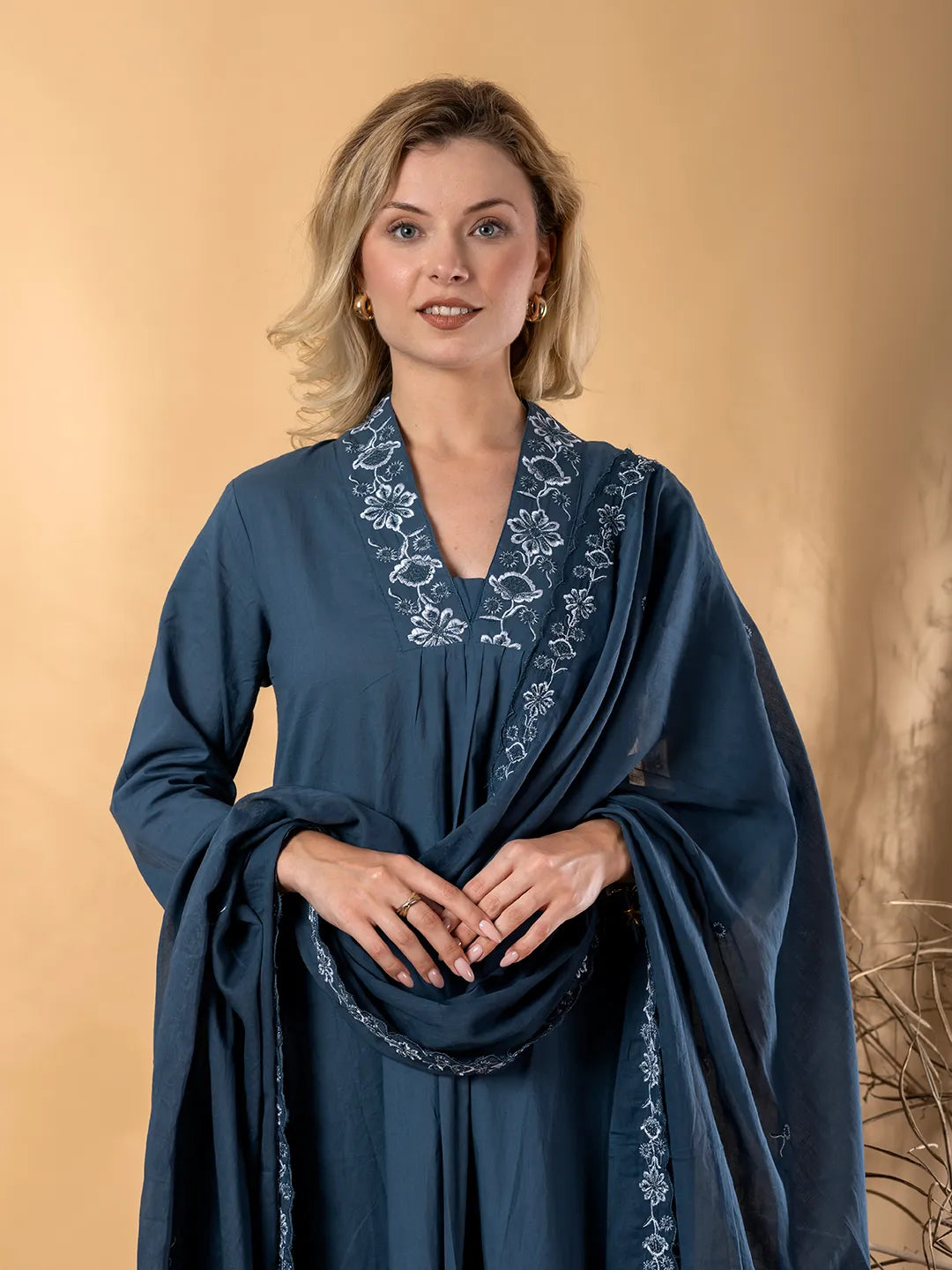 Blue Cotton A-Line Embroidered Kurta with Palazzo & Dupatta Set