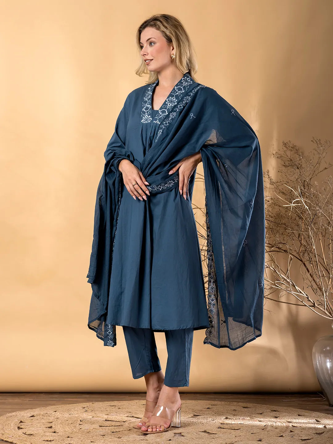 Blue Cotton A-Line Embroidered Kurta with Palazzo & Dupatta Set