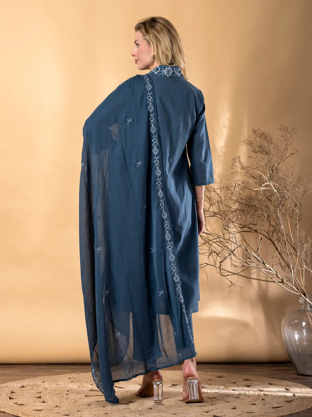 Blue Cotton A-Line Embroidered Kurta with Palazzo & Dupatta Set